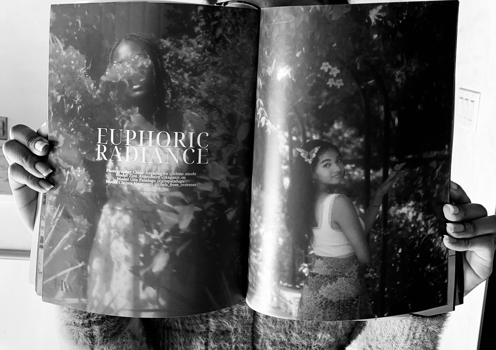 An open magazine spread of the Euphoric Radiance editorial photographed by Chinomso Nicole