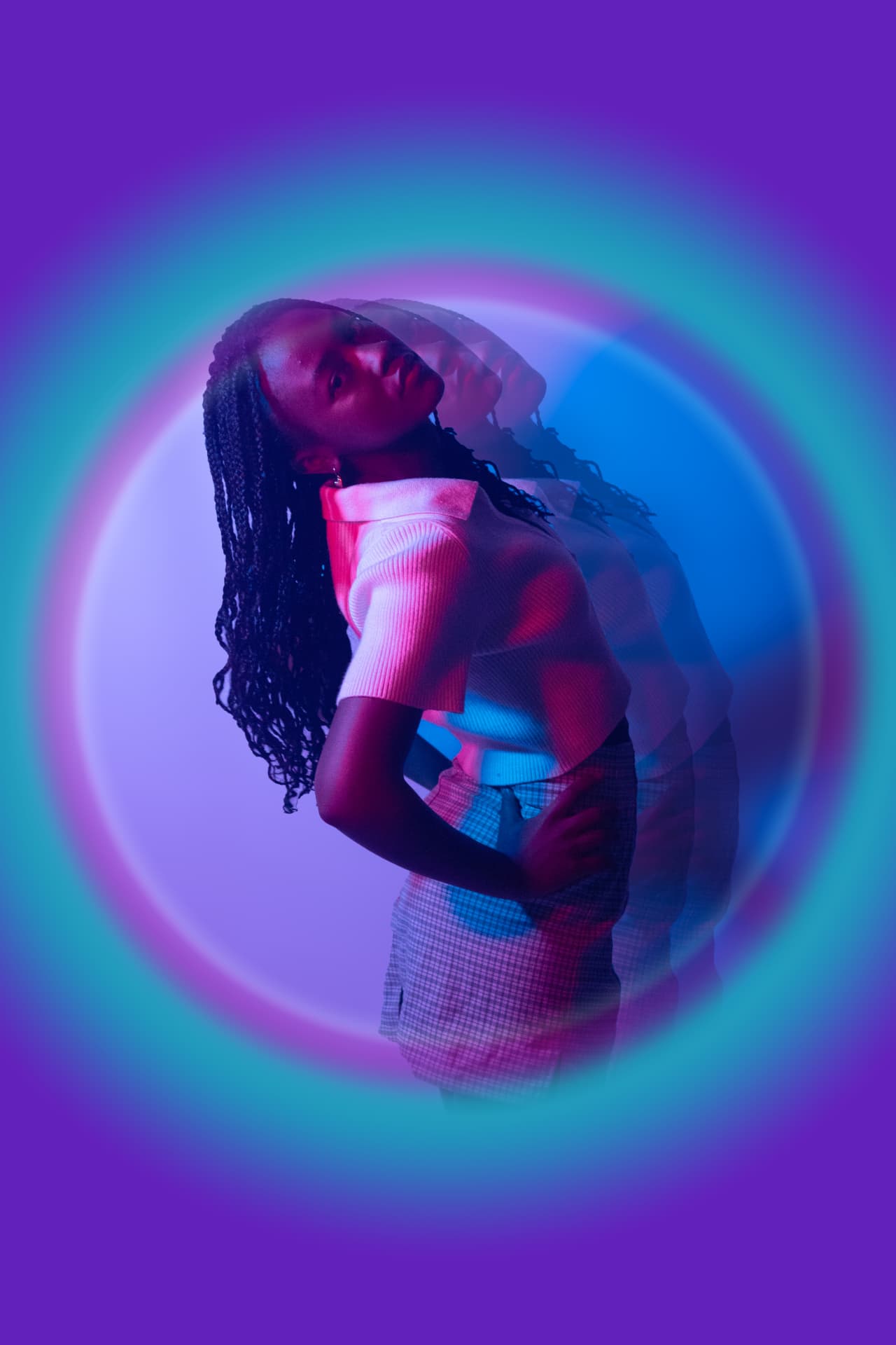 Multiple-exposure portrait inside a glowing violet halo