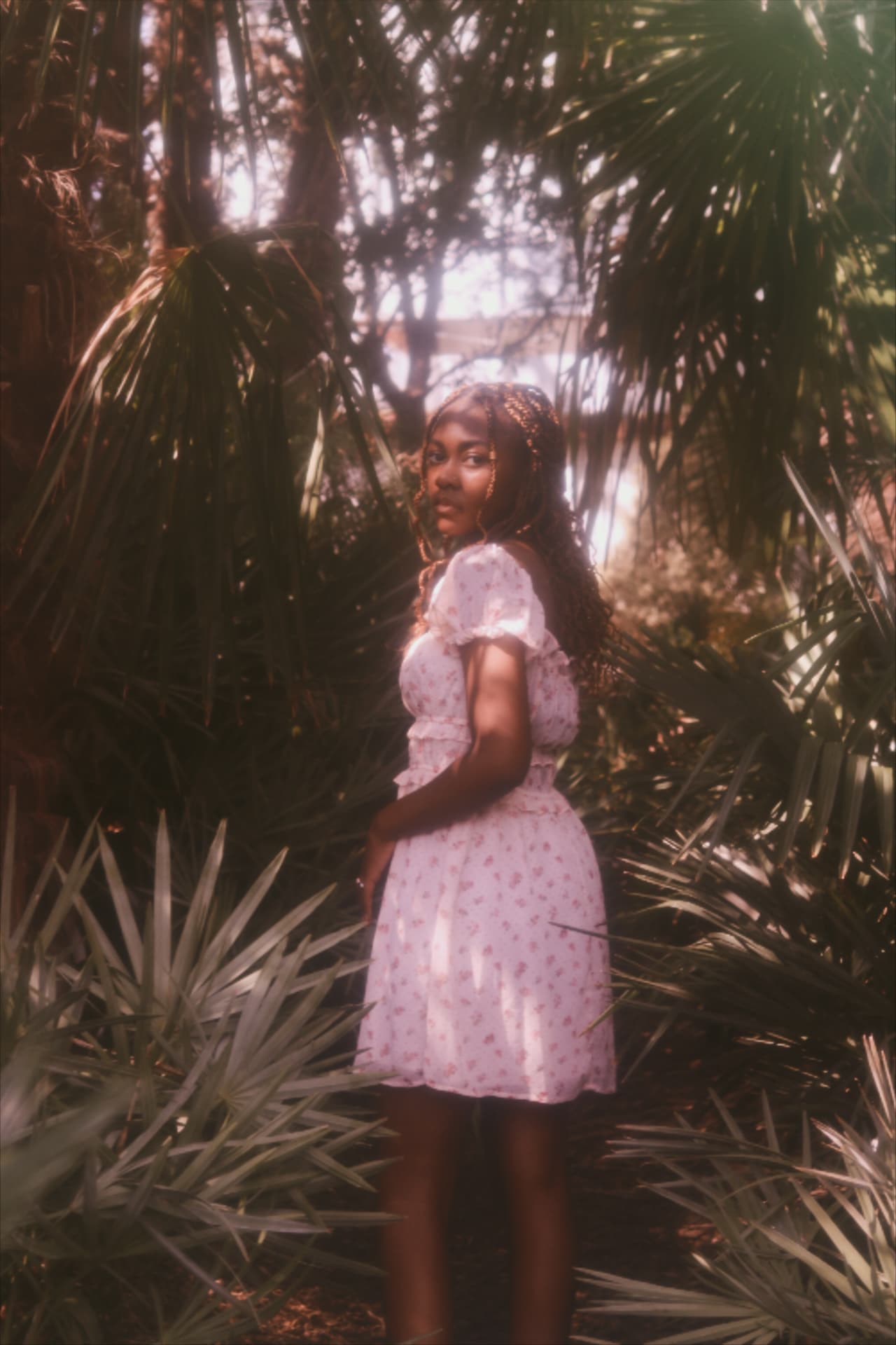 A woman in a pink floral dress glancing back among tall palms and saw palmetto