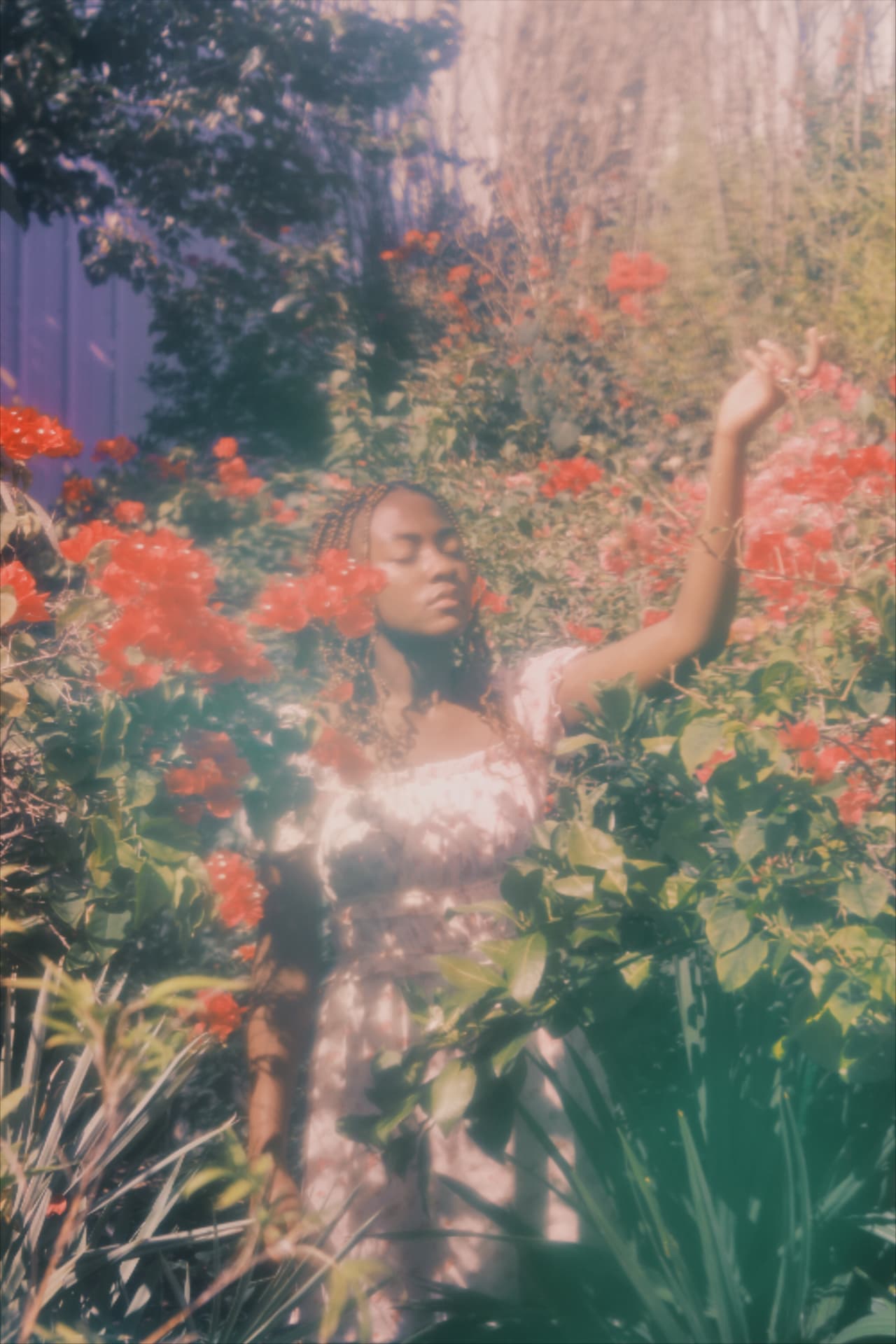 A woman in a white dress with eyes closed, arm raised, surrounded by red bougainvillea in soft haze